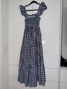 Reformation Navy and White Gingham Tiered Maxi Dress